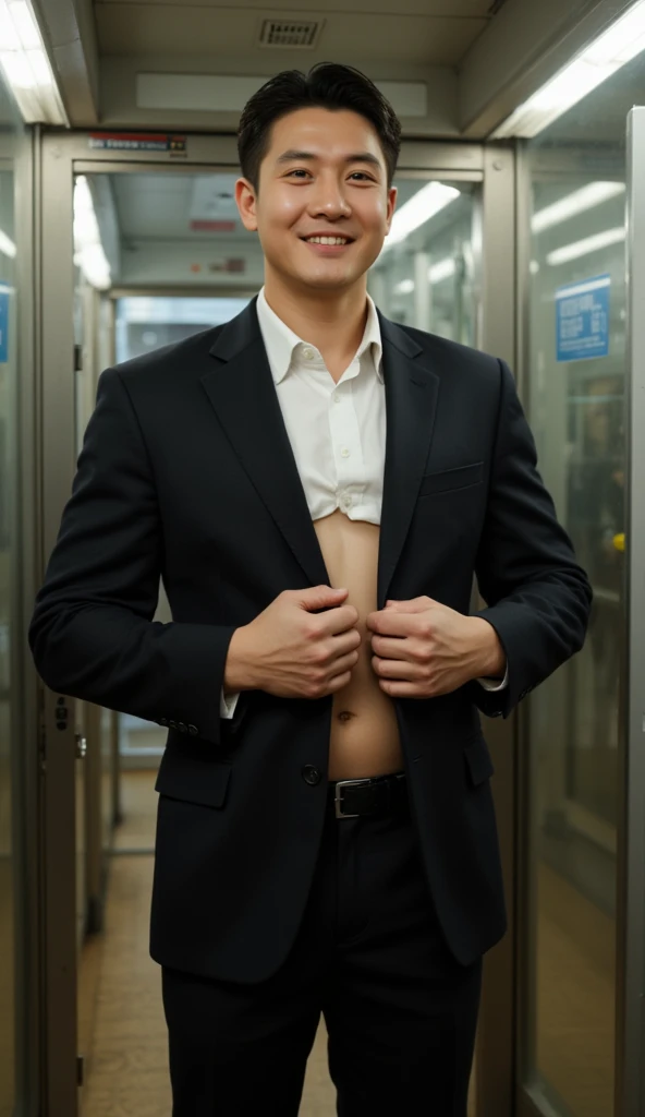 realistic, underwear, Korean male_focus, alleyway, jewelry, necklace, indoors, male_tanga_underwear, navel, brown_hair, solo_focus, looking_at_viewer, fat, blurry, desk, short_hair, tanga, many friends blurry_background, topless_male, multiple_students, standing
