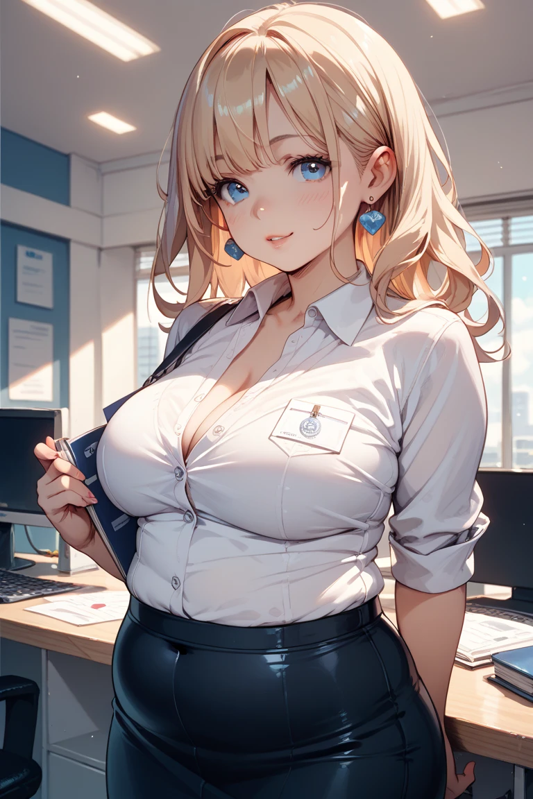 Look at viewer, sweet smile, breasts, office dress