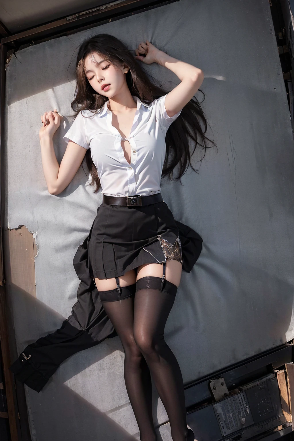 (perfect anatomy, Anatomically correct, Very detailed skin), 1 woman, ((Thai University Uniform:1.6)), from the front, Shiny skin, fine hair, detailed face, Detailed eyes, long hair, ((natural smooth)), beautiful body, normal breasts, ต้นBeautiful legs, Beautiful legs, camel toe, ((Fine fabric, button down white shirt, belt, (black tight skirt), short skirt:1.3, (Tattered skirt:1.6), high-heels)), white panties, ((Close your eyes:1.6)), (sleep), (Lie flat on your back.:1.7), ((Place both hands on the sides of her thighs.:1.9)), on the floor, storage room, ((be unconscious:1.7)), (rape), painful, Tattered, tear, (8ก, Highest quality, Masterpiece:1.2, very detailed), (realistic, photorealistic:1.4), beautiful illustrations, The light in the room is dim.,