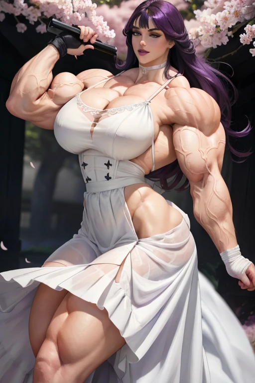 ((((Massive tall, beautiful, buff, wet, pale white skinned muscular woman with wet violet purple hair, ginormous bulky muscles, hand on hair and wearing a beautiful white long dress)))), close view, massive muscle, massive biceps, hyper muscle shoulders, muscular arms, hyper muscle triceps, (long hair with long bangs), black eyes, (beautiful white long dress), choker, (in the raining lake under a night waterfall), closed smile, night, hyper muscles arms, hyper muscle legs, (massive arms)