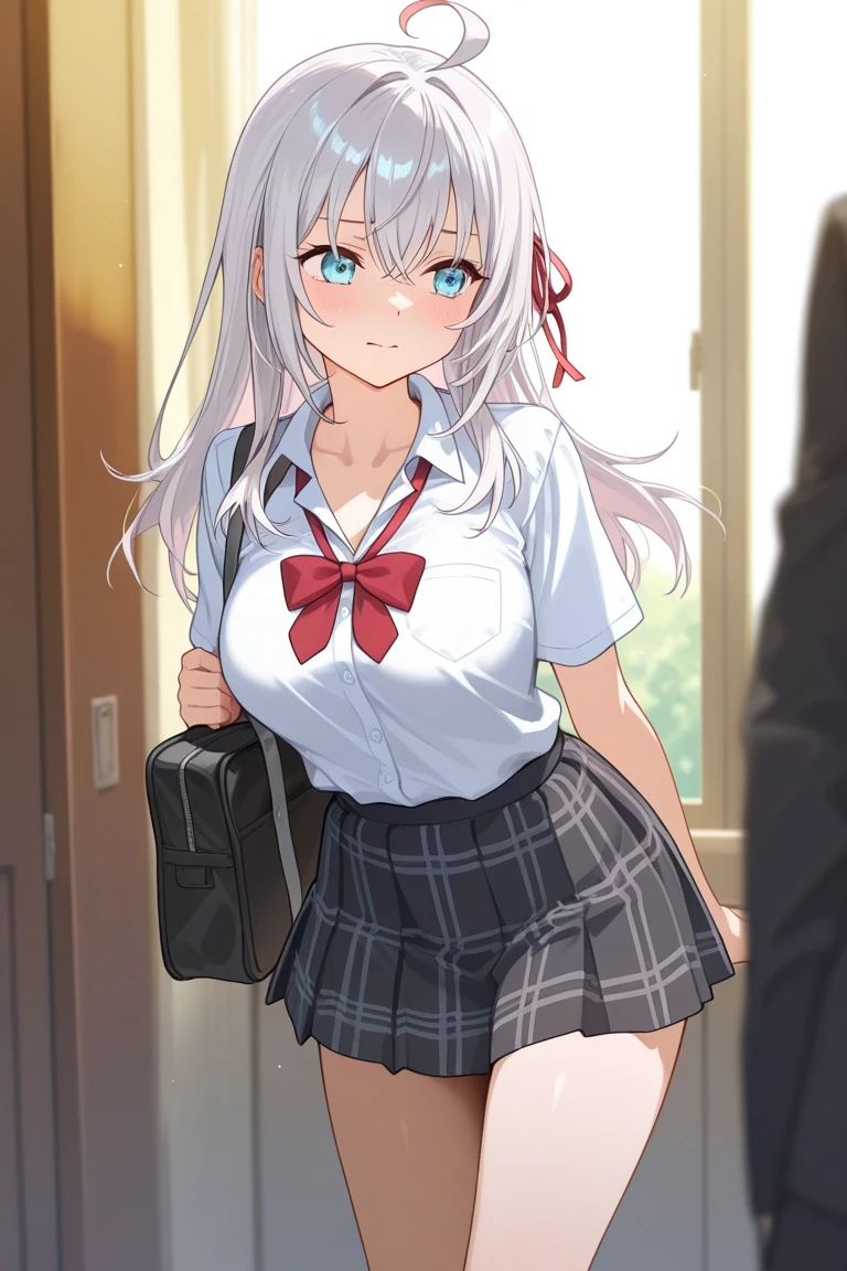 Best Quality,masutepiece,fullnude,look down on, Upper body,silber hair,Strands of hair,Fair skin,Classroom,tiny chest、Take off your uniform, Bow, Red bow, Long sleeves, Shirt, Collared shirt, White shirt, Skirt, Pleated skirt, Black skirt, tiny chest、looking at the viewers, BREAK (masutepiece:1.2), Best Quality, High resolution, Unity 8k壁纸, (Illustration:0.8), (Beautiful detailed eyes:1.6), extra detailed face, Perfect Lighting, extremely details CG, (Perfect hands, Perfect ???????),A smile、(Skirt lift:1.3), (Strawberry panties:1.3)、(Skirt that rolls up:1.3)、(Fully exposed panties:1.5)