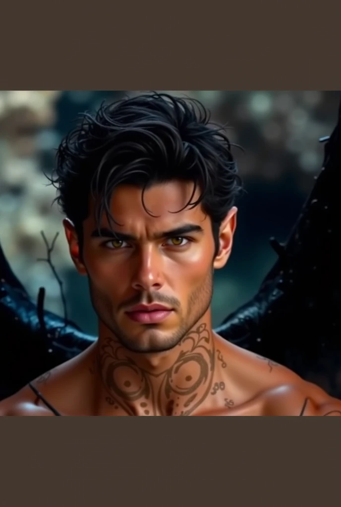Help me with an image with the following description. He is a man of about 30 years old, of tall and athletic build, measuring about 1.90 meters. His skin is a tanned tone, as if I had spent a lot of time under the sun. He has black hair, reaches up to the shoulders, with a touch of waves that gives it a natural and elegant look. His eyes are a deep blue color, almost hypnotic, with an intensity that reveals his strong character. His facial features are defined, with a defined jaw and high cheekbones. He is bare-chested and has just come out of the shower.. Two bat-like wings protrude from his back.. Despite his neat and sophisticated appearance, There is a hardness in his expression that suggests he is not an easy man to handle.. He is a character from a fantasy book., but i need it to look realistic.