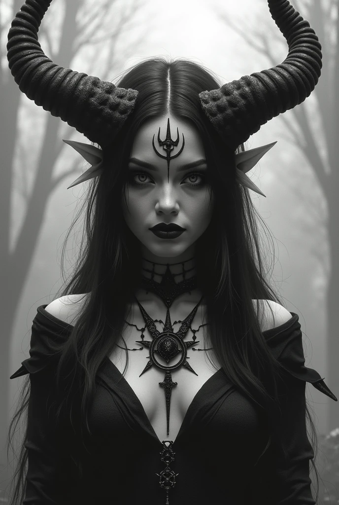 a painting of a holy succubus with horns, chiasmus, gloves, gothic dress, vampire the masquerade bloodlines, incredible art, gloomy background, nimbus, church ragged vestments, darksketch, close-up with more dark stare.