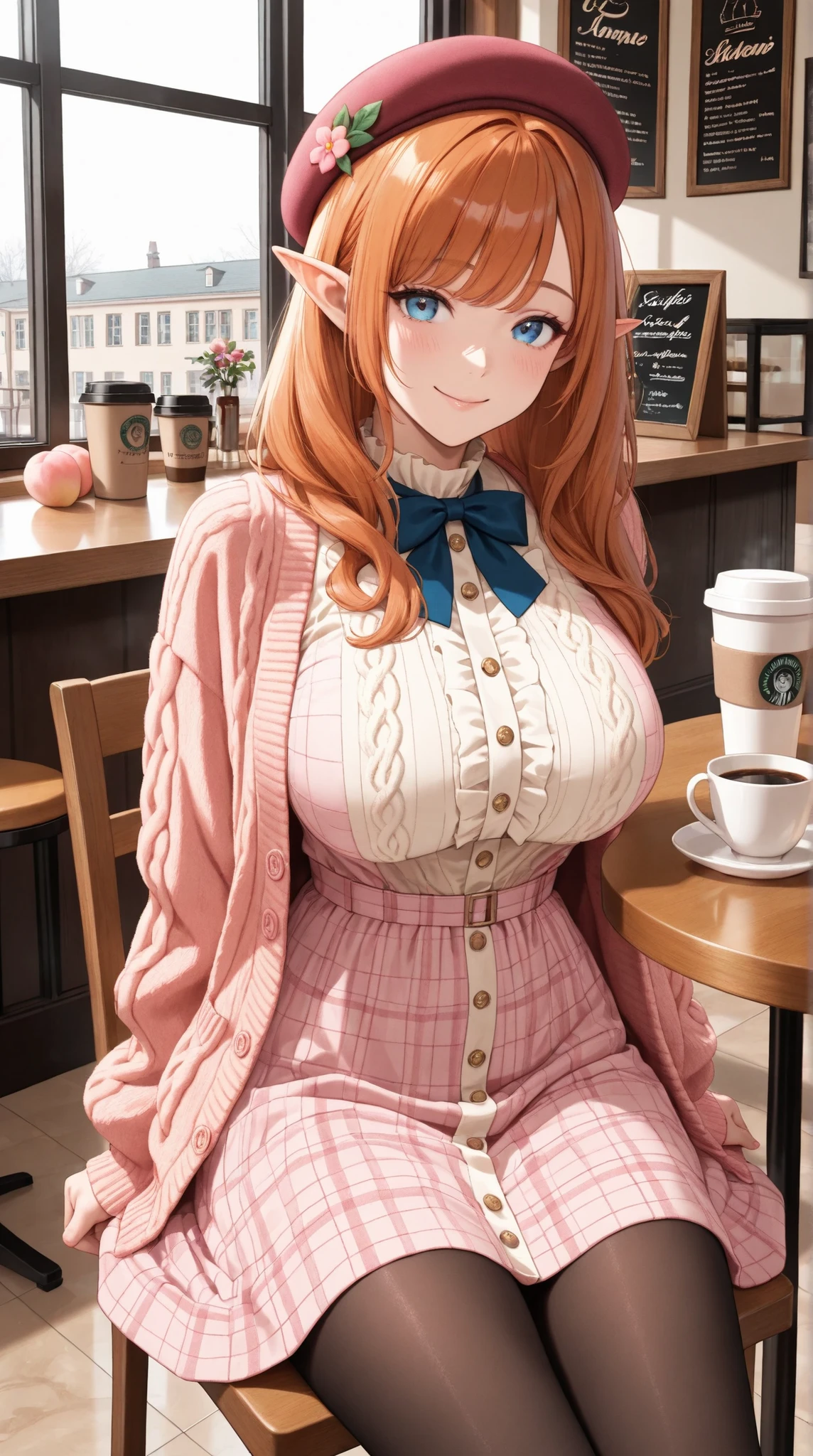 masterpiece, best quality, amazing quality, very aesthetic, absurdres,, detailed eyes, detailed hair,1girl, solo, elf, big breasts,medium brown  hair, blue eyes, vintage-inspired beret with flower pin, blue and pink plaid dress, golden buttons down the front, ivory blouse with ruffle detailing and blue bow tie,peach cardigan with cable knit pattern, black tights, pink Mary Jane shoes, smile, cowboy shot, sitting on chair, indoors, coffee shop, window, cup, table,