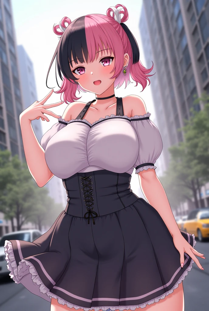 black hair, female, twin drills, solo, smol, pink eyes, massive breasts, very long hair, wear plain white sweater and pink skirt, masterpiece, ultra high quality