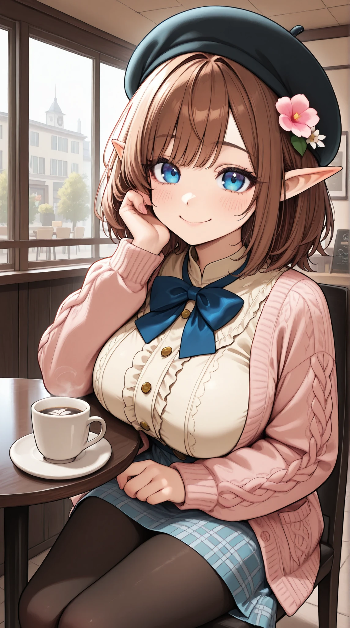 masterpiece, best quality, amazing quality, very aesthetic, absurdres,, detailed eyes, detailed hair,1girl, solo, elf, big breasts,medium brown hair, blue eyes, vintage-inspired beret with flower pin, blue and pink plaid dress, golden buttons down the front, ivory blouse with ruffle detailing and blue bow tie,peach cardigan with cable knit pattern, black tights, pink Mary Jane shoes, smile, cowboy shot, sitting on chair, indoors, coffee shop, window, cup, table,