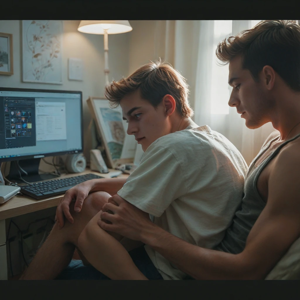 (2heads), skinny 28 year old man with frail physique, blonde, brown hair, stubble, wesring office attire, no shirt, working on computer, concentrated, cubicles background,no body hair, armpits visible