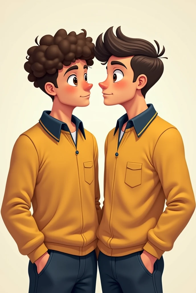 Create an image of two boys kissing in a somewhat cartoon style.