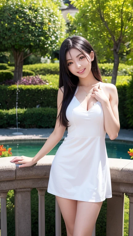 best quality, masterpiece, ultra high res, (photorealistic:1.4), RAW photo, (full body:1.2), light smile, waterfall, from side, hand up, v neck dress