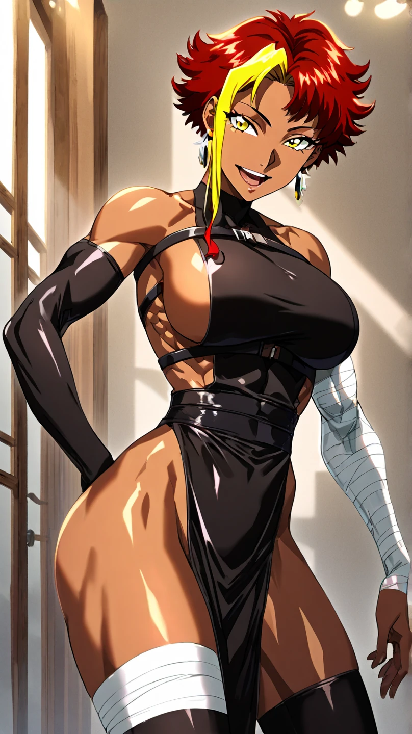 absurdres,, (1girl:1.2), (abs:1.23),huge_、(dark_tanskin:1.3)unity Dynamism,forward leaning posture、(red hair)、she looks away, Loose-fitting clothing、Blurred Background、Sagging breastsg forward,((manga style:1.23)) , 、(white background:1.5)、A happy look、Plump body、Sitting、Legs crossed、Watercolor、(Watercolor style:1.8),street fighter,crimson viper, (black clothes:1.5)、(Glossy skin 1.7), girl),((sling bikini)),ニーハイソックス、アームガード、