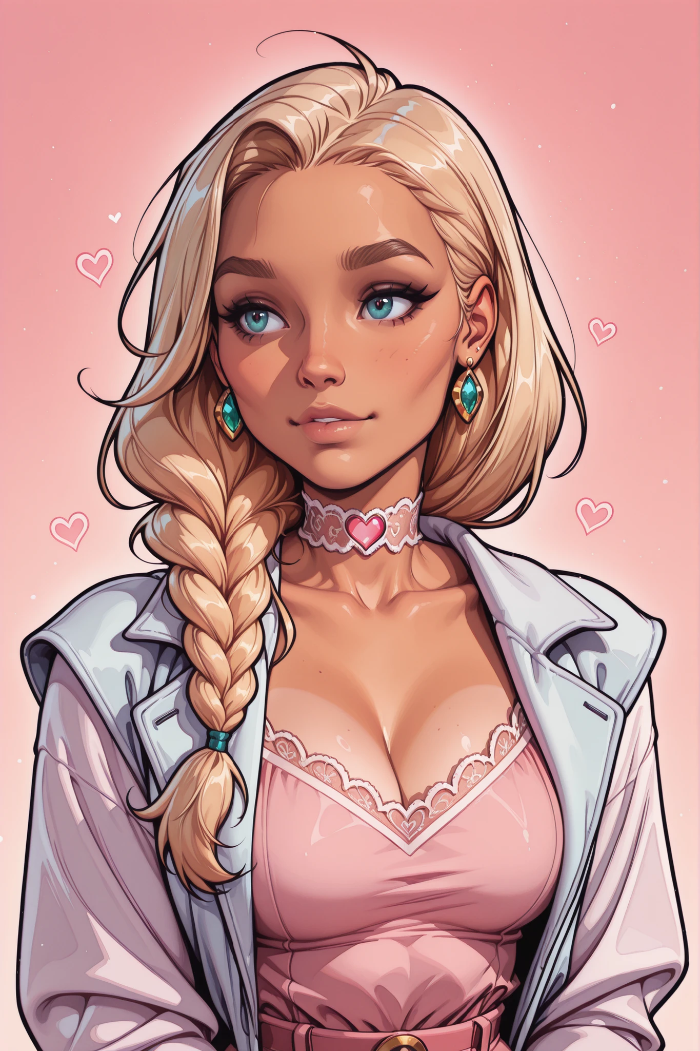 (TangoBat:0.7),(Sakimichan:0.7), A digitally rendered anime-style portrait of a beautiful woman with light-blonde braided hair, tanned skin, and a soft, pastel pink outfit, a slightly oversized jacket/blouse with a textured, almost satin-like finish, a delicate lace choker and earrings, set against a soft, light-pink background with a subtle white heart shape in the top left corner; the style should be akin to a highly detailed illustration with a focus on smooth gradations of color and light, and a pronounced hyperrealistic aesthetic,masterpiece, best quality,absurdres