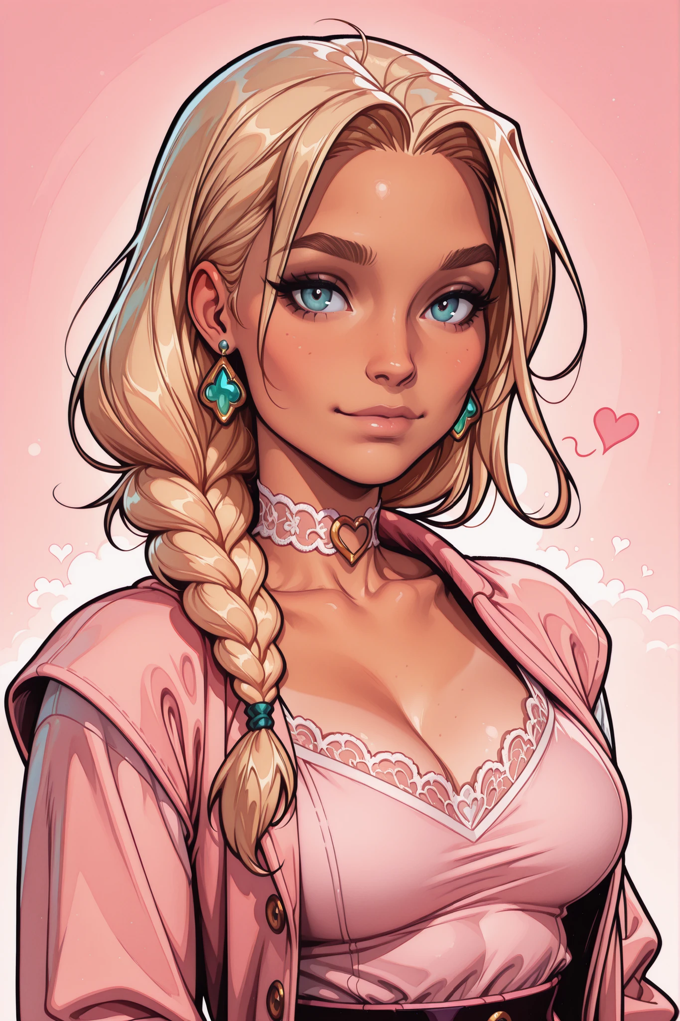 (TangoBat:0.7),(Sakimichan:0.7), A digitally rendered anime-style portrait of a beautiful woman with light-blonde braided hair, tanned skin, and a soft, pastel pink outfit, a slightly oversized jacket/blouse with a textured, almost satin-like finish, a delicate lace choker and earrings, set against a soft, light-pink background with a subtle white heart shape in the top left corner; the style should be akin to a highly detailed illustration with a focus on smooth gradations of color and light, and a pronounced hyperrealistic aesthetic,masterpiece, best quality,absurdres