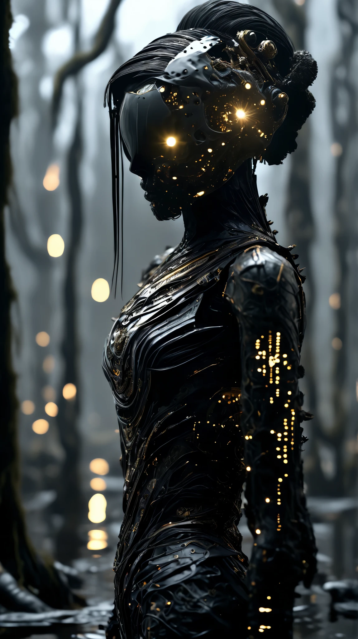 (Full-body shot, uncropped, centered, standing from head to toe) of a cyborg geisha, a futuristic cybernetic organism with a sculpted carbon fiber mask and intricate gold filigree woven into dark armor plating. She stands in a haunting, mist-filled sci-fi swamp, surrounded by decaying flowers and drifting fog. Her body is elegant and perfectly proportioned, adorned with glowing tattoos and mechanical enhancements that pulse faintly through her synthetic skin.

High-resolution professional photography style, wide-angle shot (9:16), cinematic lighting. The swamp around her is minimal and moody—brown, black, withered petals underfoot—drawing focus to her expressive gaze and intricate biomechanical design.

Atmospheric, raw style