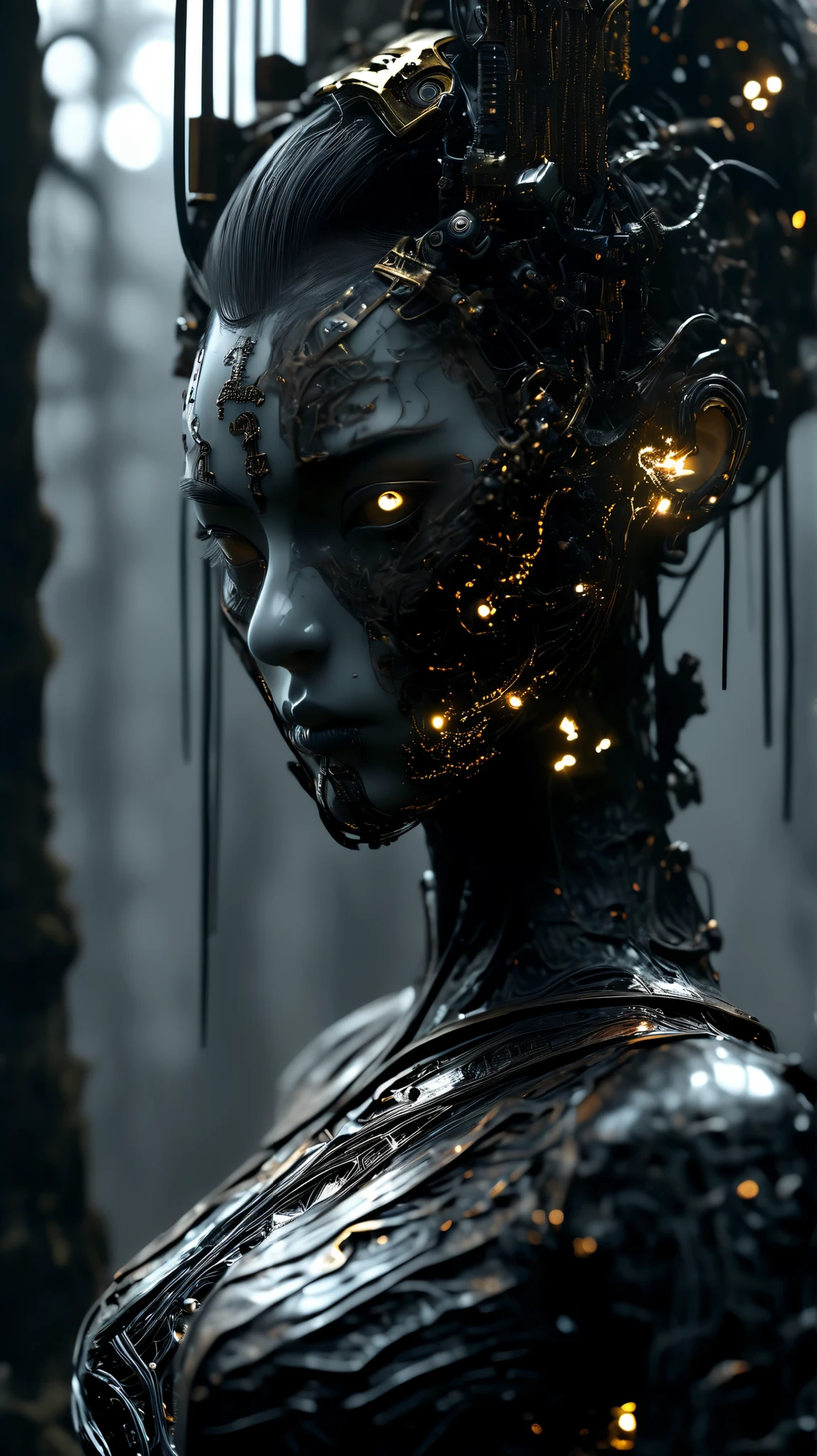 (Full-body shot, uncropped, centered, standing from head to toe) of a cyborg geisha, a futuristic cybernetic organism with a sculpted carbon fiber mask and intricate gold filigree woven into dark armor plating. She stands in a haunting, mist-filled sci-fi swamp, surrounded by decaying flowers and drifting fog. Her body is elegant and perfectly proportioned, adorned with glowing tattoos and mechanical enhancements that pulse faintly through her synthetic skin.
High-resolution professional photography style, wide-angle shot (9:16), cinematic lighting. The swamp around her is minimal and moody—brown, black, withered petals underfoot—drawing focus to her expressive gaze and intricate biomechanical design.
Atmospheric, raw style