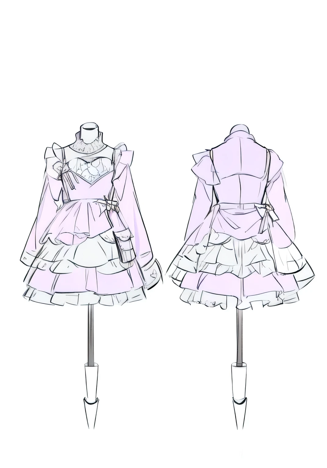 Aqua pink dress, layered ruffle design, Long Puff Sleeves, front视图胸前有粉色心形贴花, white collar and lace details, back side视图显示了简约的封口, invisible accessories, displayed on mannequin,  studio environments , Neutral Background, Soft Lighting, even-numbered shadows , formal and elegant, Right Angle, clear focus,  Balanced exposure，Conceptual Design Draft，Fashion Week Outfit Design，Line Draft Blueprint，Multiple perspectives（front、side、back side），full body，sharp lines，clear details，Detailed Costume Design，Very delicate and rich clothing design，Daily Wear，Costume and Fabric Details，Detailed Design，