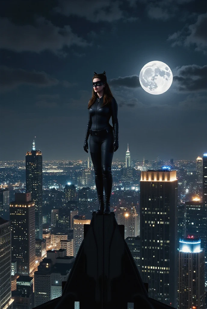 Cat woman on a high-rise building in Jakarta, night, shadows, lighting, Jakarta Monas monument, moon, 3D effect