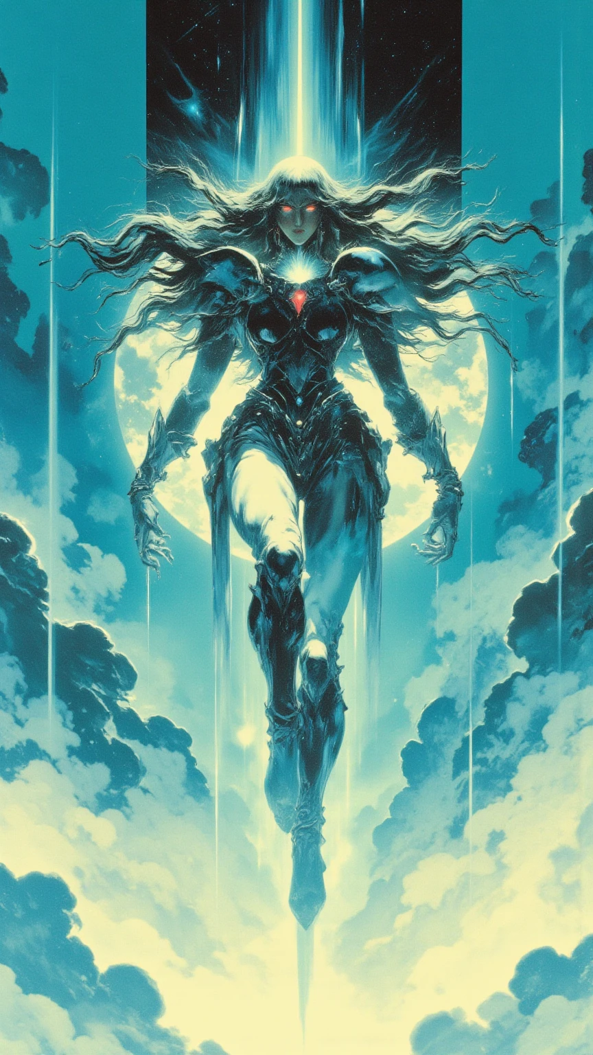 The panel depicts Galaxia, Defender of the Cosmos, locked in furious battle against a gargantuan, tentacled alien monstrosity on the surface of a desolate moon.
In the foreground, Galaxia strikes a powerful contrapposto pose, her lithe form sheathed in little more than iridescent, strategically-placed stardust. Her gravity-defying scarlet locks whip wildly, framing her beautiful yet fiercely determined features. Galaxia's eyes, narrowed to slits, burn with the intensity of stellar furnaces. Her full lips are curled in a primal snarl as she unleashes a blinding torrent of cosmic energies towards the abomination.
The heroine's statuesque, muscular physique seems to glow from within with the radiant power of a supernova. Beams of incandescent stardust stream from Galaxia's clenched fists and outstretched hands, lancing into the grotesque alien horror. Veins of stellar fire course across her exposed skin, exaggerating every curve and chiseled muscle.
Behind the cosmic champion, the gargantuan alien beast rears up, its myriad pulsating tentacles thrashing and slavering jaws unhinged in a soundless roar of fury. The monster's putrid, gelatinous flesh seems to slough off in radioactive sheets from the onslaught of Galaxia's stellar might. One of its deformed, clawed appendages disintegrates into cosmic ashes.
The blasted lunar landscape surrounds the titanic battle in shades of grey and black. Galaxia's incandescent energies are the only light source, casting deep shadows and highlights across the scene. In the background, the twisted wreckage of alien craft smolders amidst craters and debris fields. An ominous alien moon looms in the inky cosmic backdrop, almost eclipsed by the stellar fury unleashed.