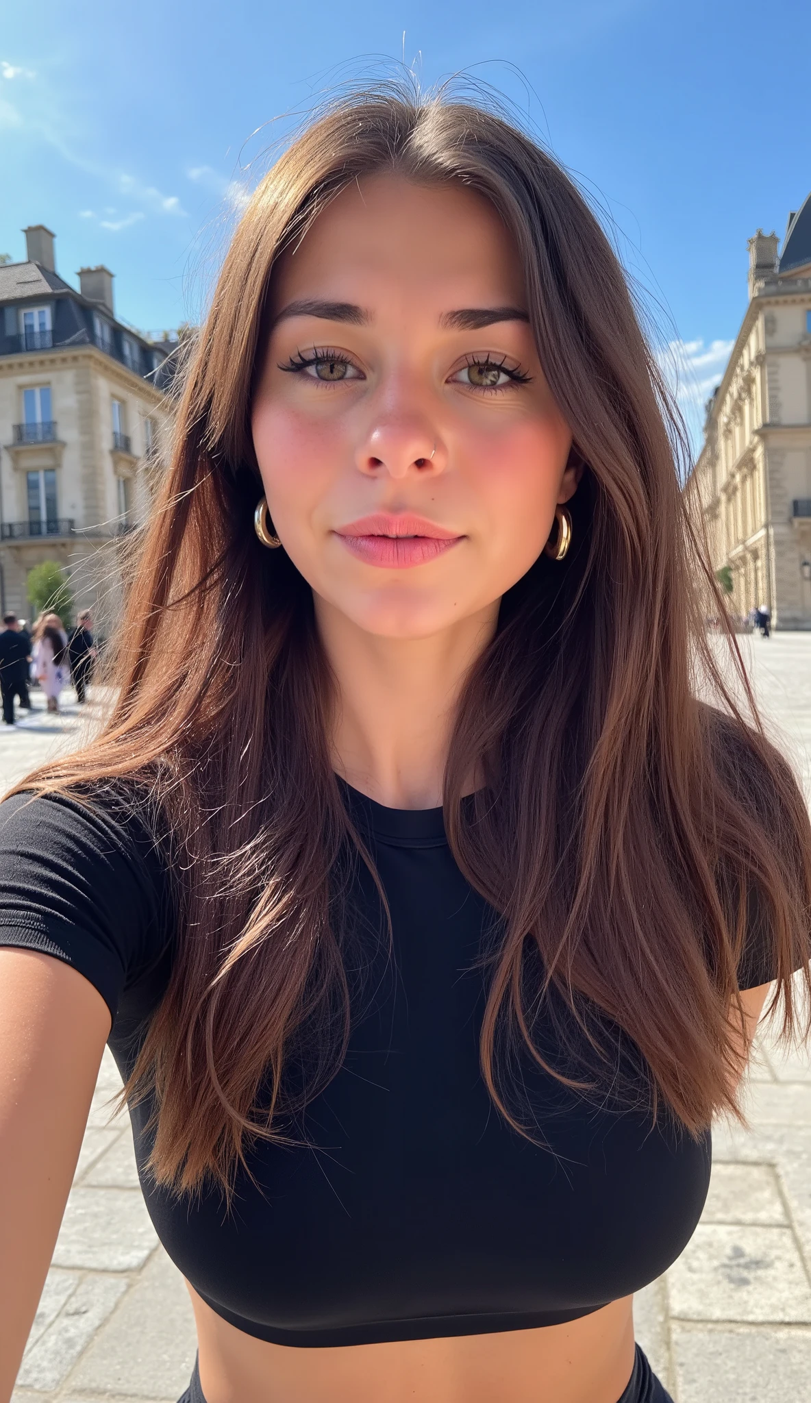 An incredibly attractive woman with a rounded face takes a selfie and has generous shapes, with a radiant skin and a captivating look. She opens her mouth stupidly looking at us.. with a very large chest and pronounced hips. She is a beautiful brunette with features reminiscent of “Sophie Rain”, her waist is thin and her hips are wide. 20 years old , big breasts and big buttocks, A tight sports tank top with black shorts, She is a magnificent brunette with features reminiscent of Monica Bellucci. Patanlon black legging long sleeve tight t shirt his waist is thin and his hips are wide, she is brown with light eyes, it is located in a square de la Villette in Paris with lions behind Haussmannian buildings , The weather is very sunny spring, Super Smiling