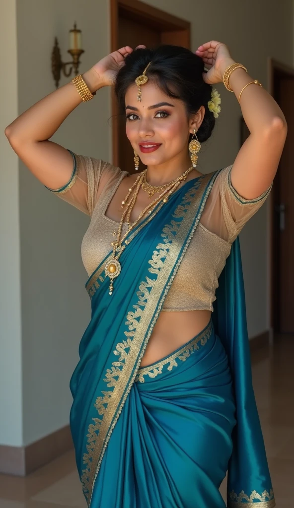 a tall and beautiful gorgeous Indian actress Ileana D'Cruz in satin blue saree carrying a large big man on her shoulder , man is sitting on her shoulders in home balcony , natural smile, she has strong arms, traditional