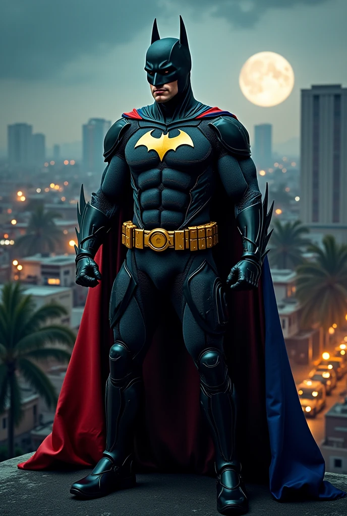 I want an art of Donald trump black and gold with a red and gold background The image must focus on Donald trump full body batman costume with walls or buildings in the background..
