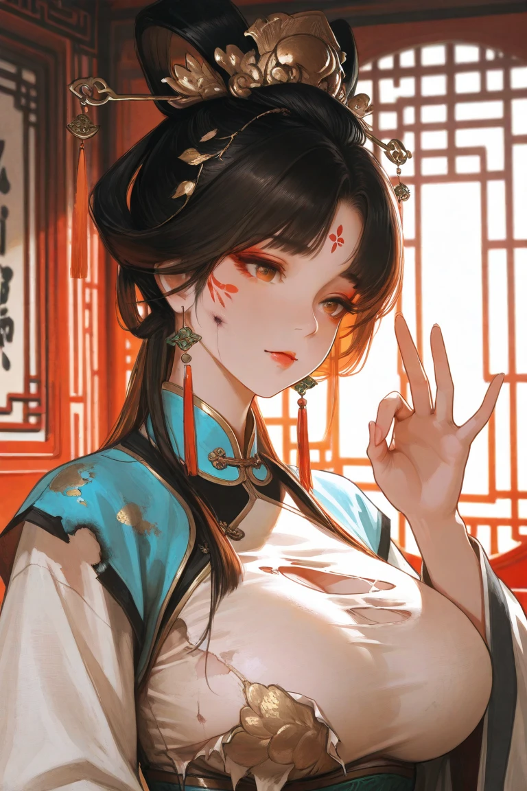 ((High Definition Chinese Traditional Ink Painting, hanfu)), Eye size, Drooping eyes, Smile,(((Full and soft breasts,)))(((Large Breasts))) (((Cleavage))), ((Open your legs, Standing with my crotch slammed against the corner of the table)), ((, Large areola, sex, Intense mating)), Old fashion, open mouth, Ancient Temple,