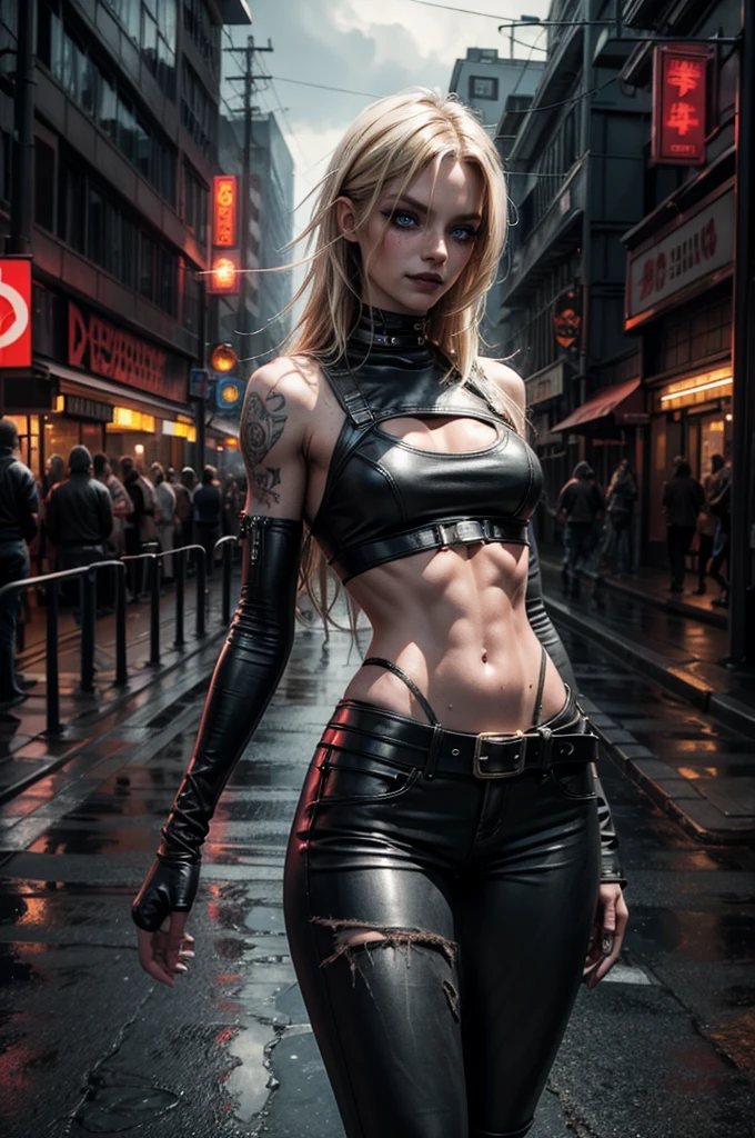 professional nighttime photography, hyper-realistic, best quality, award winning photography, professional color grading, clean sharp focus, masterpiece, super fine beautiful sexy badass cyberpunk woman with tattoos, beautiful face, piercings, amazing attractive femenine muscle toned body, robotic body modifications: 1.5, wearing sexy cyberpunk outfit, 25 years old, 150mm, long hair in a messy bun, a side arm holstered on her hip, full body, full body shooting, standing, standing in a dark alleyway, dark stormy night, midnight, alleyway lit by street lights and neon signs