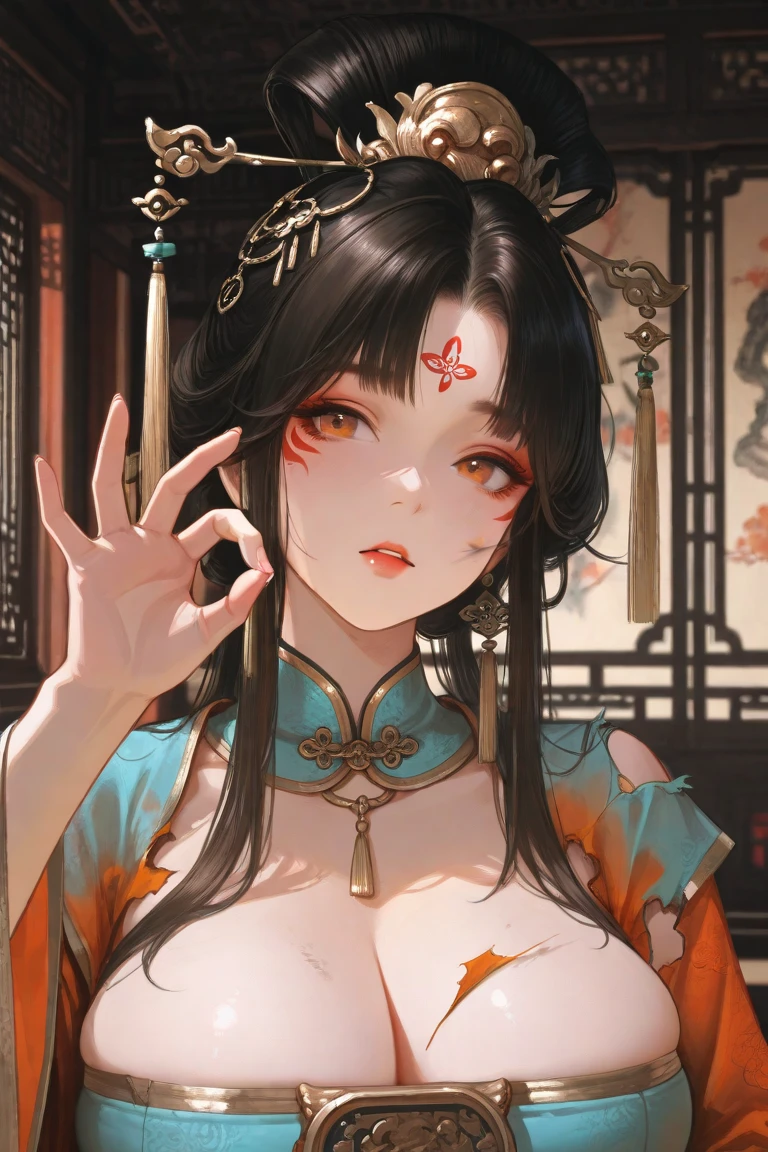Beautiful and attractive Chinese women、Half-body photo、Delicate and sexy collarbone、Attractive oval face、double eyelid、bright peach-colored eyes、Pink Lips、Small Nose、Pouting、Concentrated face、Face close-up、Black Hair、Hair Bun、Ultra-high resolution、Super detailed、kiss、Pink Chinese dress、Fighter