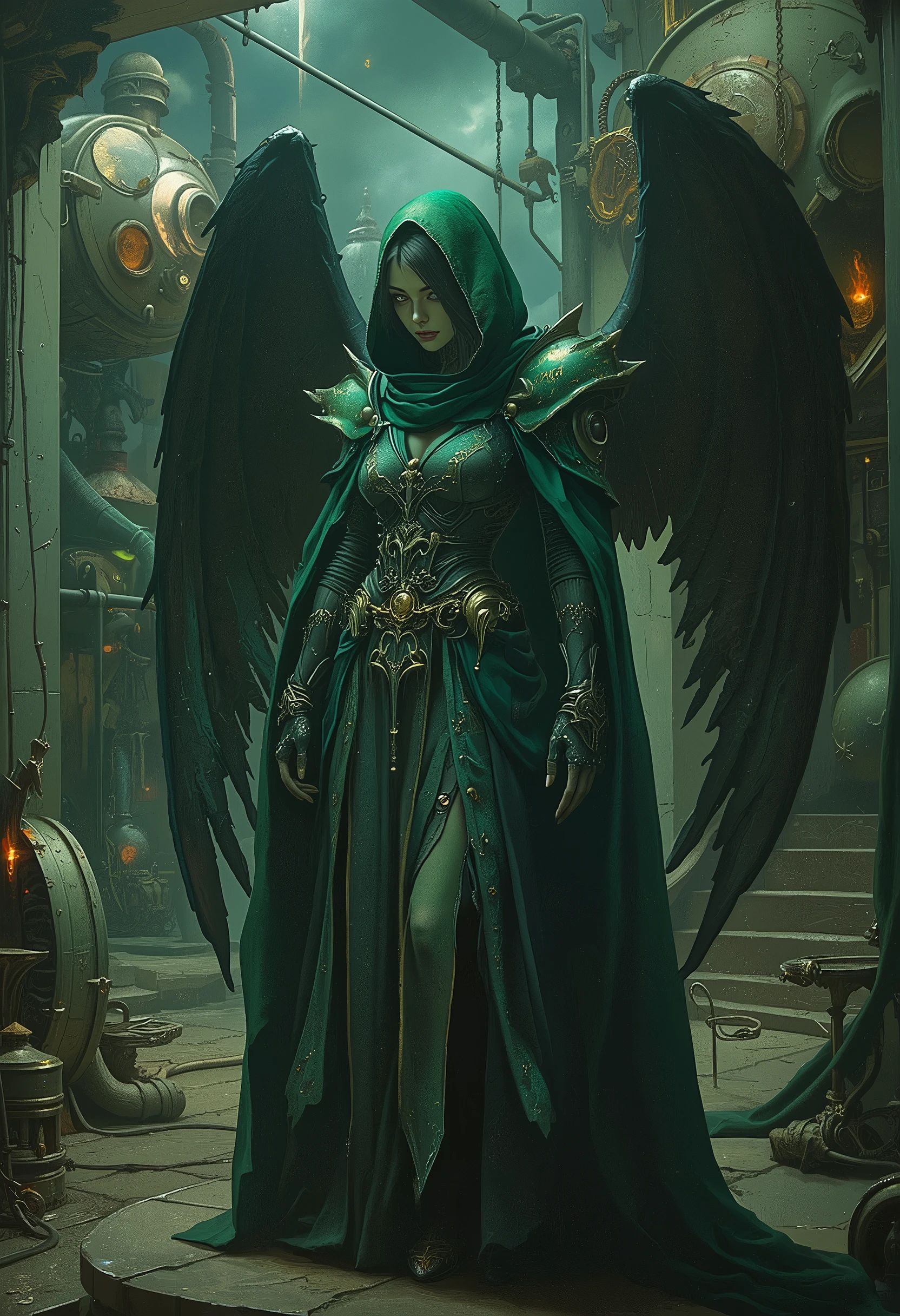 8k, dark_fantasy, (green Witch, yellow: 1.5), Angel Face, 1 person, Standing full-body portrait, Mechanical Wonders , Robot Presence