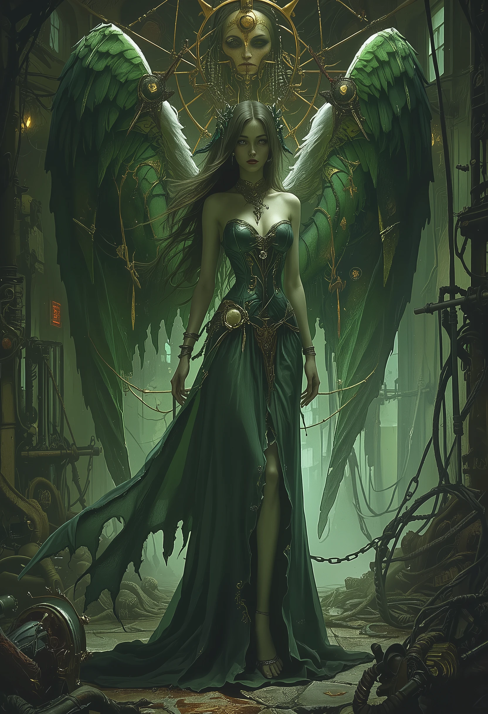 8k, dark_fantasy, (green Witch, yellow: 1.5), Angel Face, 1 person, Standing full-body portrait, Mechanical Wonders , Robot Presence