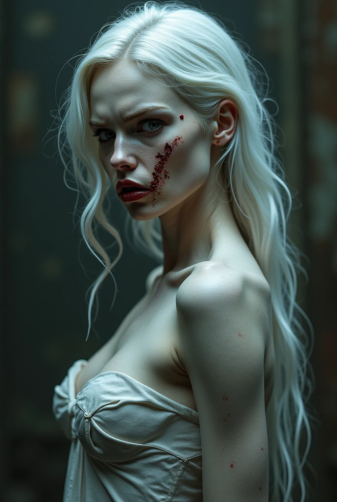 <lora:Drkpny:0.8>, drkpny, realistic, score_9, score_8_up, score_8, 1 girl, a woman, beautiful, slender, vampire, pale skin, hungry red eyes, from behind looking back, long white hair, white with (bloodstains:1.2) off-shoulder dress, spooky expression, evil weird smile, masterpiece, dynamic movement