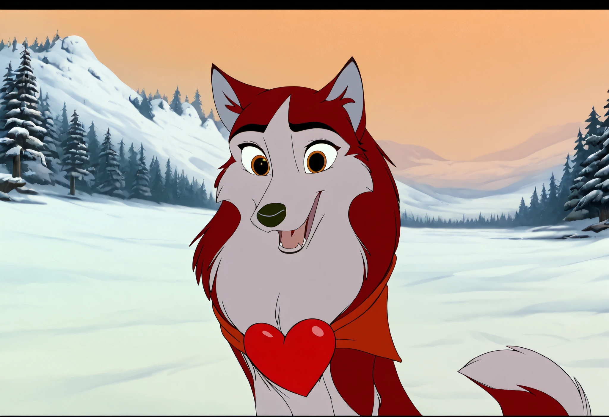 (masterpiece), (best quality), (ultra-detailed), amazing quality, very aesthetic, illustration, perfect composition, intricate details, absurdres, incredibly absurdres, 1girl, jenna\(balto\), solo, open mouth, animal ears, outdoors, tree, no humans, fangs, wolf ears, letterboxed, snow,happy mouth tongue.  winter, wolf, anime coloring, two tone fur, red fur, canine , amber eyes, heart out of ,