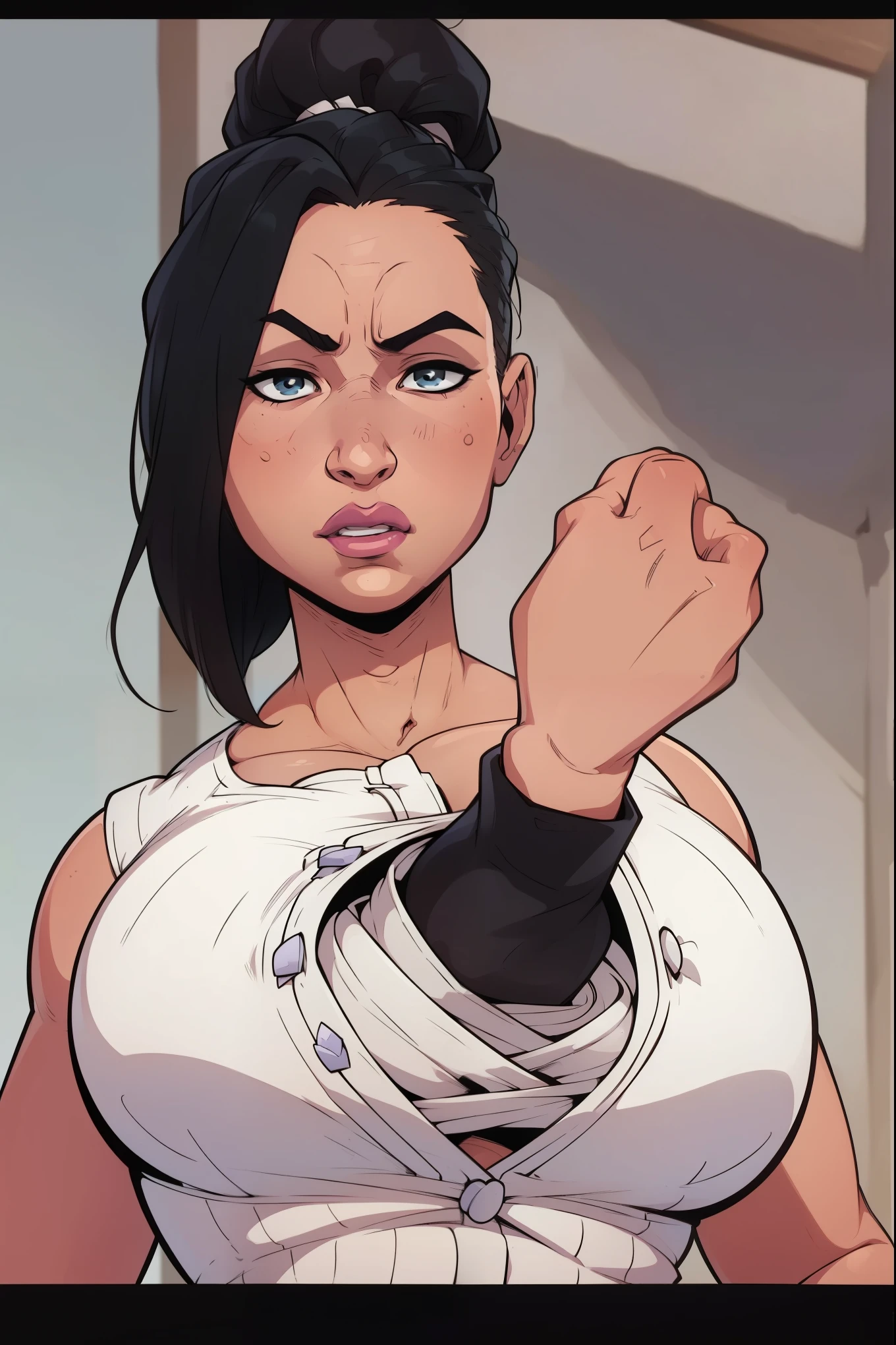 mari, wide hips, black hair, 1girl, cms, (ponytail), k4r3nh41r, exaggerated inflated legs, 4k, highly details, (((tiny breasts))), sensual, 4k, highly detailed face, perfect skin, detailed face, focus on eyes, anatomically correct, (((manga page, blank page, manga layout, panels, manga panels, page layout))), (wearing a white  button down shirt with lace underwear)