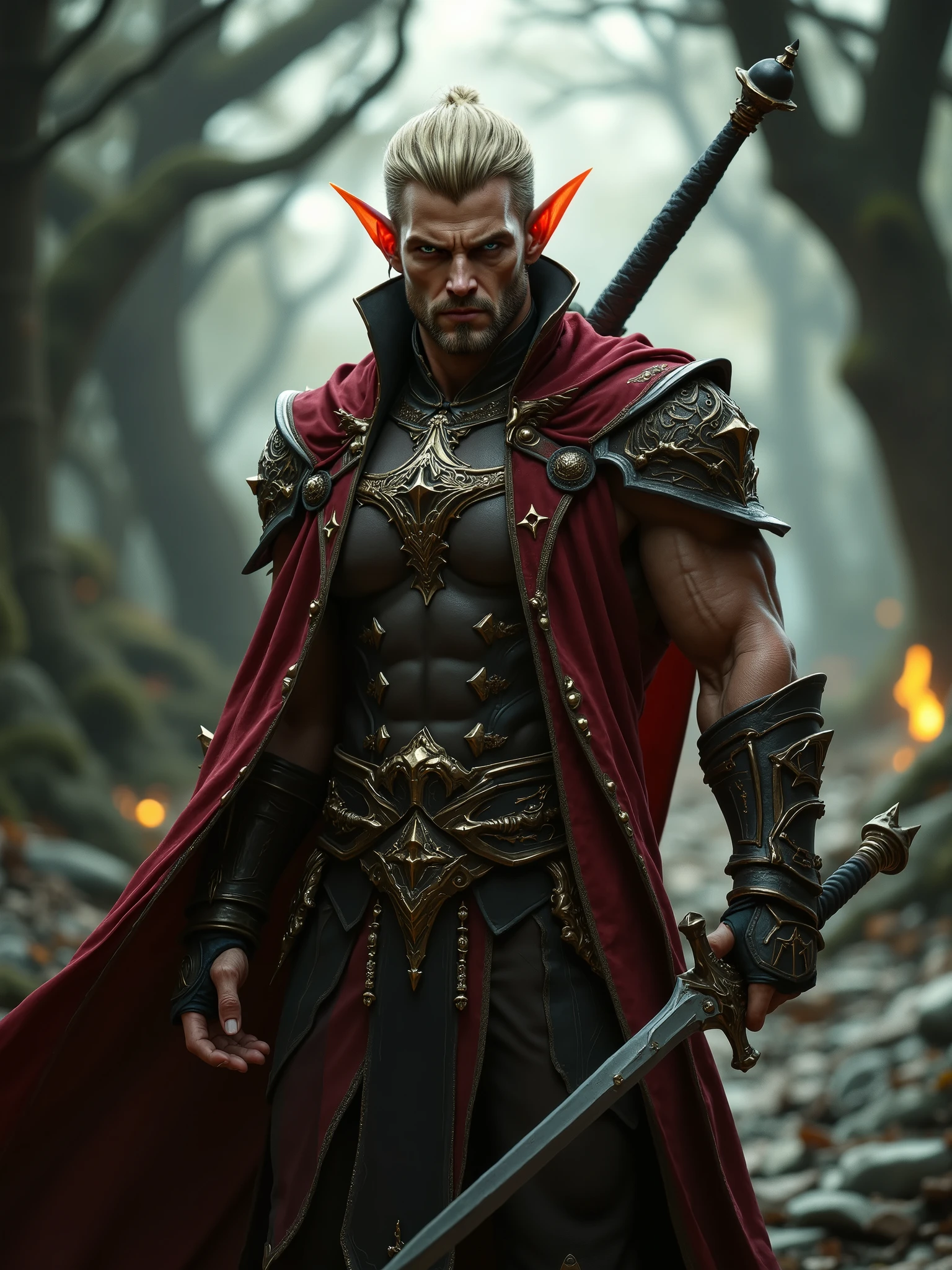 ((FULL BODY)), fierce elf fighter with muscular body, fighter with two iron gauntlets in his hands, rich nobleman clothes, angry face, blond hair and dark blue eyes, RPG character, 4k, Unreal engine, intricate, highly detailed, beautiful lighting, advanced quality, 8k, trending artstation, professional, dramatic, illustration, high quality, beautiful character, Premium portrait, F/22, symmetrical and dynamic poses, RPG, masterwork, advanced quality , beautiful lighting.