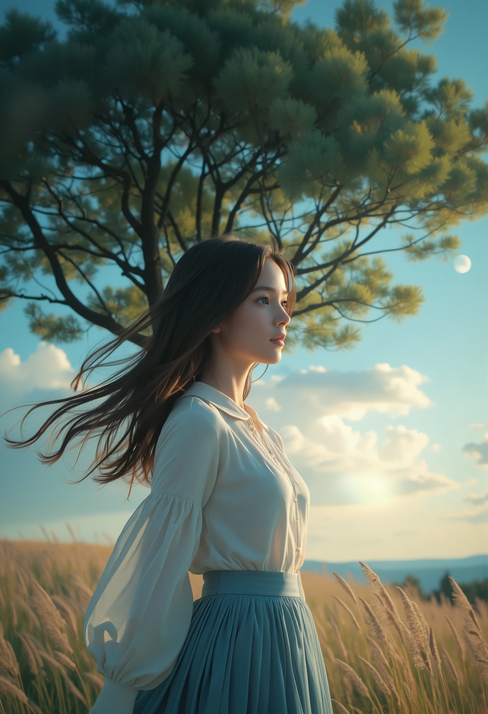 Sally Acorn, 1 girl, Alone, tree, null, outdoors, skirt, cloud, brown with swe, hair, moonset, lens, Flare, wind景, schools, uniform, moon, wind, length, sleeve,