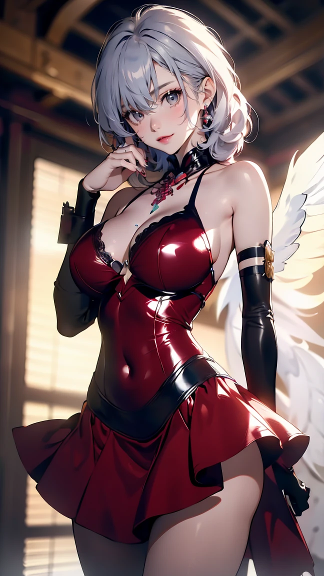 Wlop, Best quality, masterpiece, highly detailed, realistic, sexy, cleavage, beautiful and enchanting woman in a very sexy sequin sleeveless halter neck silver-pink-white deep plunging bodycon dress, with an ethereal aura in a captivating fantasy realm, stylish, cool, edgy, fancy, luxurious, sensual, sexual, seductive, slutty.