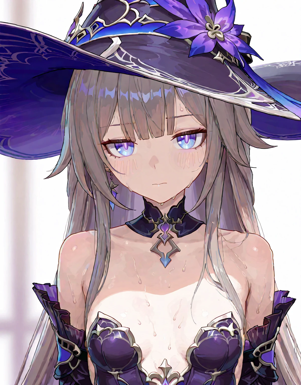 1girl,highres,  high quality,  masterpiece,  purple eyes,tiny hat, long hair, white hair,dynamic angle,delicate eyes, (depth of field),dynamic pose, dynamic light, purple flowers, clock ,star \(sky\),pointy ears, floating hair,