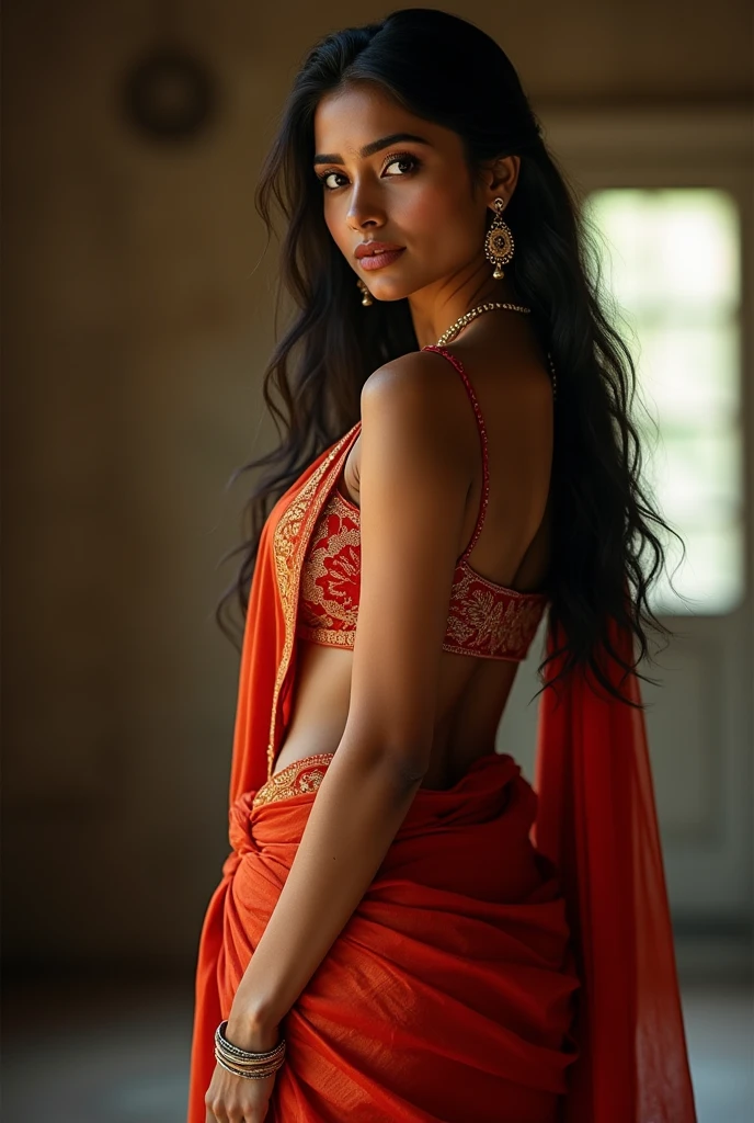 Hot indian female showing her butt from back side her skin is white colour wearing   saree and touching her own butt cheeks

