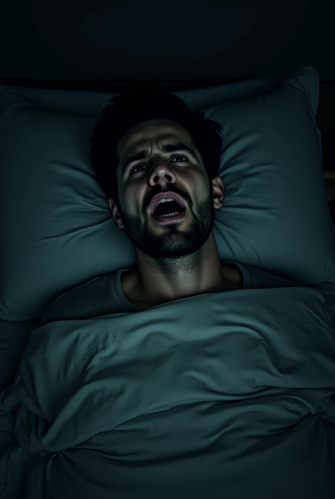 Person Man, While sleeping he wakes up sweating and with his heart beating fast