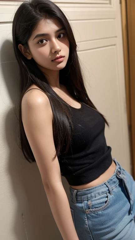 ff7r style,1Girl, (tifa:1.2),Solo, Long hair, Earrings, jewelry red eyes,no puffy eyes,Black hair, looking up at viewer, realisitic,parted lips, tanktop, swept bangs, lip, portrait of a, suspenders, bare shoulder, Red Eyes,,bangss, ((Masterpiece)), Whole body, 18-year-old girl lying naked on couch,