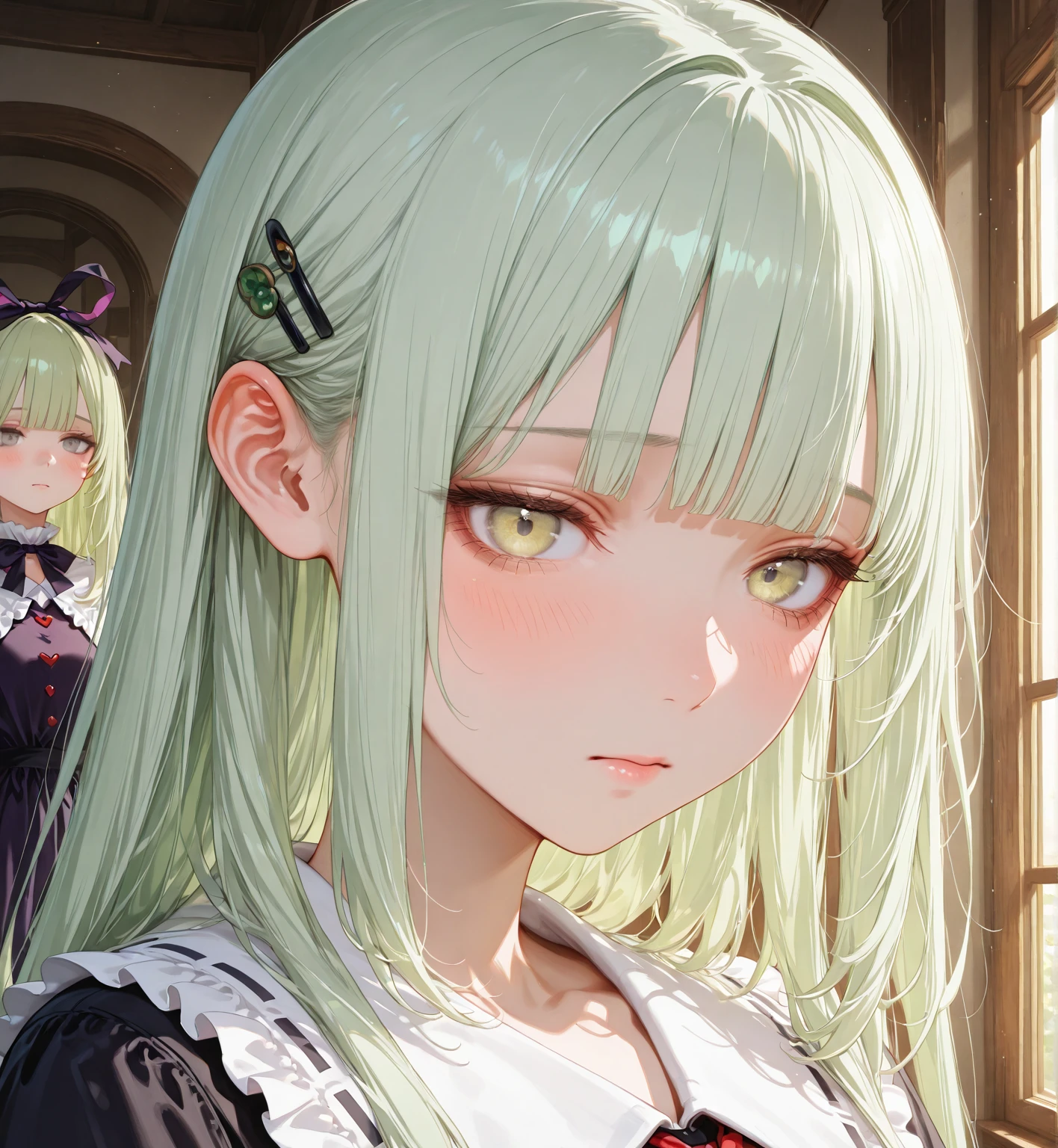 Masterpiece, of the best quality, astonishing quality, super detailed, realistic, latest, very beautiful, green long hair, blunt bangs, hime cut hairstyle, hime cut hair, light green hair, pastel green long hair, flowy hair, hair flowing, extra long hair, olive green eyes, grey green eyes, melancholy, melancholy face, not looking at viewer, averting eyes, averting gaze, blush, girl apperance, girl. 1girl, solo, Hair clip, Wakaba Mutsumi, yellow eyes, long hair, green hair, bangs, blunt bangs, hair accessory, (looking down)