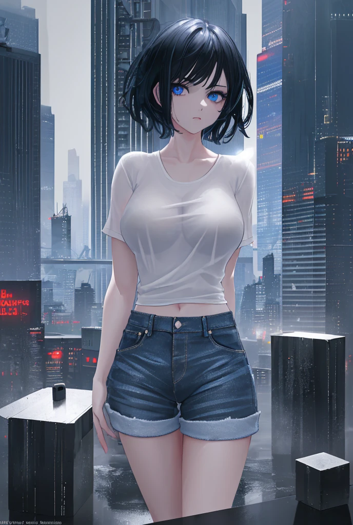 1girl, short black hair, blue eyes, wearing see through shirt, denim shorts, breasts, nipples, city, absurdres, high res, ultrasharp, 8K, masterpiece, looking at viewer