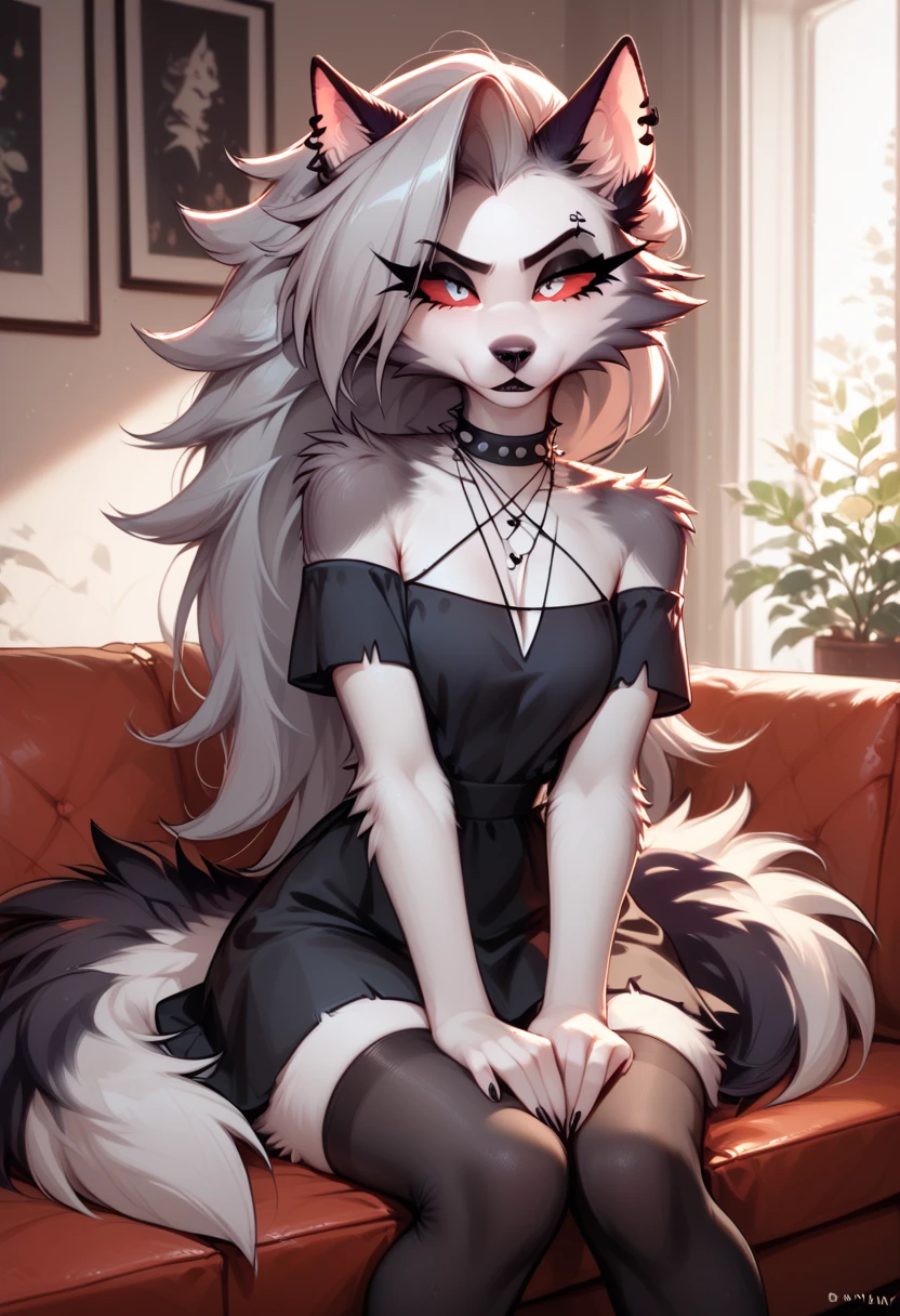 score_9, score_8_up, score_7_up, source_furry, rating_safe, by magnaluna, loona posing seductively in a goth bedroom, anthro, blushing, 
