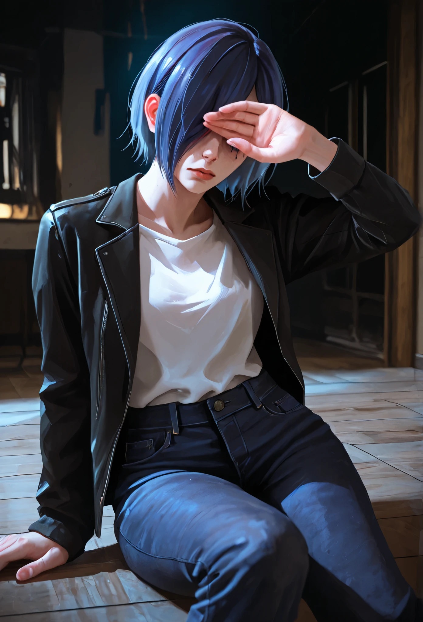highly detailed, ultra-detailed, finely crafted features, Cinematic lighting, photorealistic, Moody Atmosphere, a young girl, ((short blue-purple hair covering left side of her face: covering one eye)), ((blue- purple eye)), calm face features, Beautiful face, Accurate proportions, White shirt, Gothic neck, black jacket jeans, Black short jeans, white stockings, sitting on the floor in sadness, home style, 8k, dark lighting , masterpiece ((kirishima Touka from Tokyo ghoul))