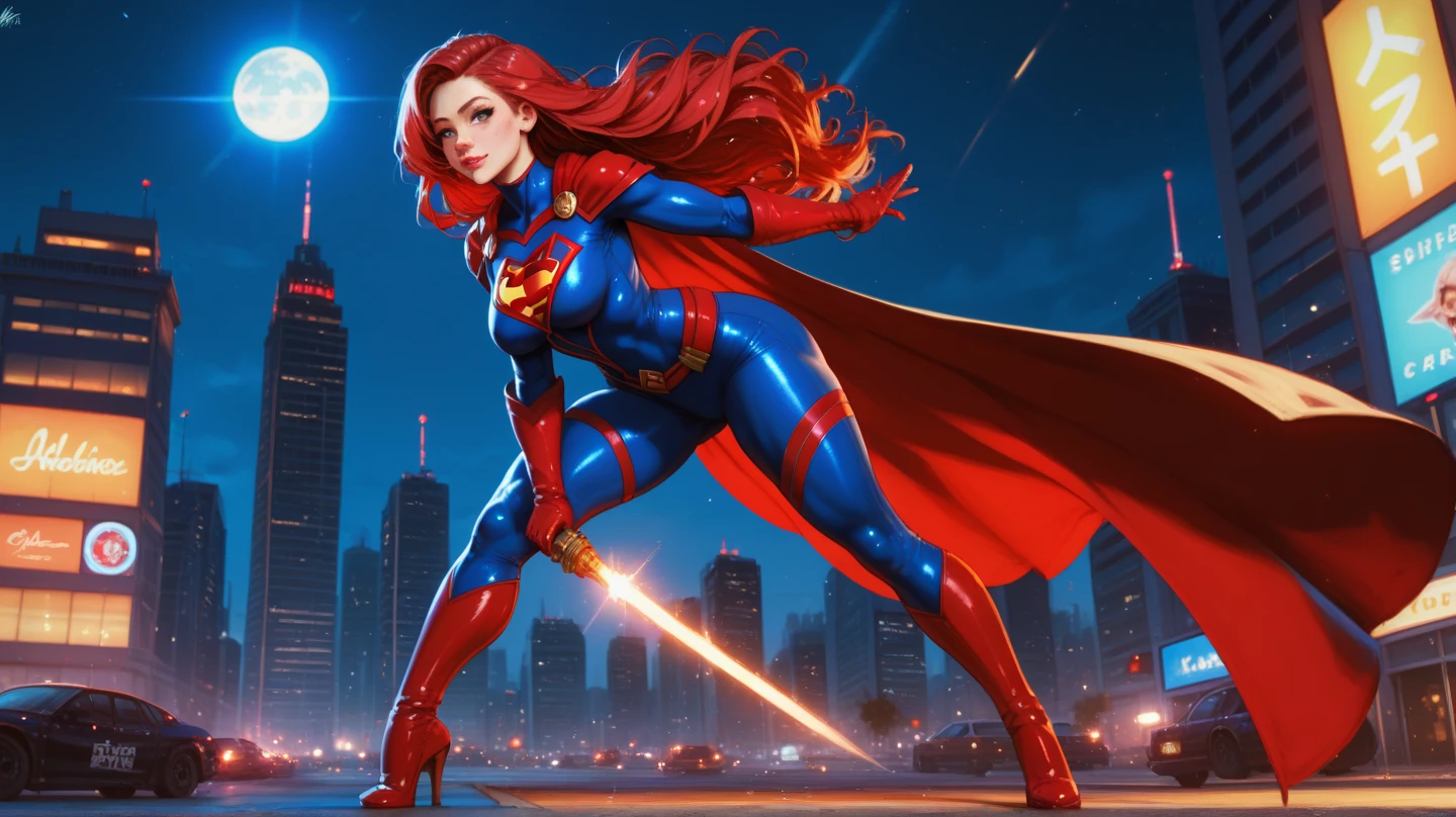 A stunning 3D CGI anime illustration showcases a powerful and alluring Mecha Supergirl, exuding confidence and determination. Her fiery red hair flows gracefully around her curvy figure, and intense blue eyes are accentuated by her flowing red cape. Clad in sleek, mesmerizing armor adorned with intricate golden details, her helmet features a distinctive 'S' logo and 'W' antenna, exuding sophisticated elegance. The striking color palette of white, black, red, and blue creates a visually arresting contrast, highlighting the mecha woman's captivating appearance. The artist's signature, 'eWa', adds a personal touch, while the 'UNIVERSE MECHA' logo encapsulates the dynamic, action-packed essence of the piece. This masterpiece, brimming with vibrant cinematic energy, is perfect for various, dark fantasy, photo, ukiyo-e, painting, wildlife photography, fashion, conceptual art, portrait photography, cinematic, typography, vibrant, product, architecture, 3d render, graffiti, poster, anime, illustration