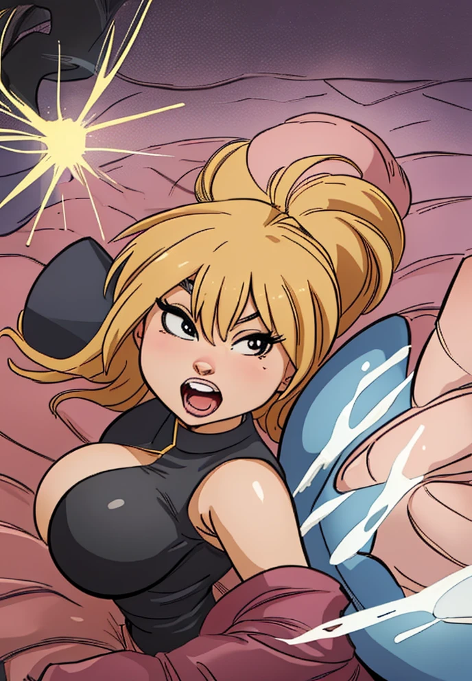 In anime A sexy sensual woman beautiful beautiful attraction long blonde yellow hair her gray eye wears a pink button-down shirt in the office shows her chest, a leopard bra and a black thong