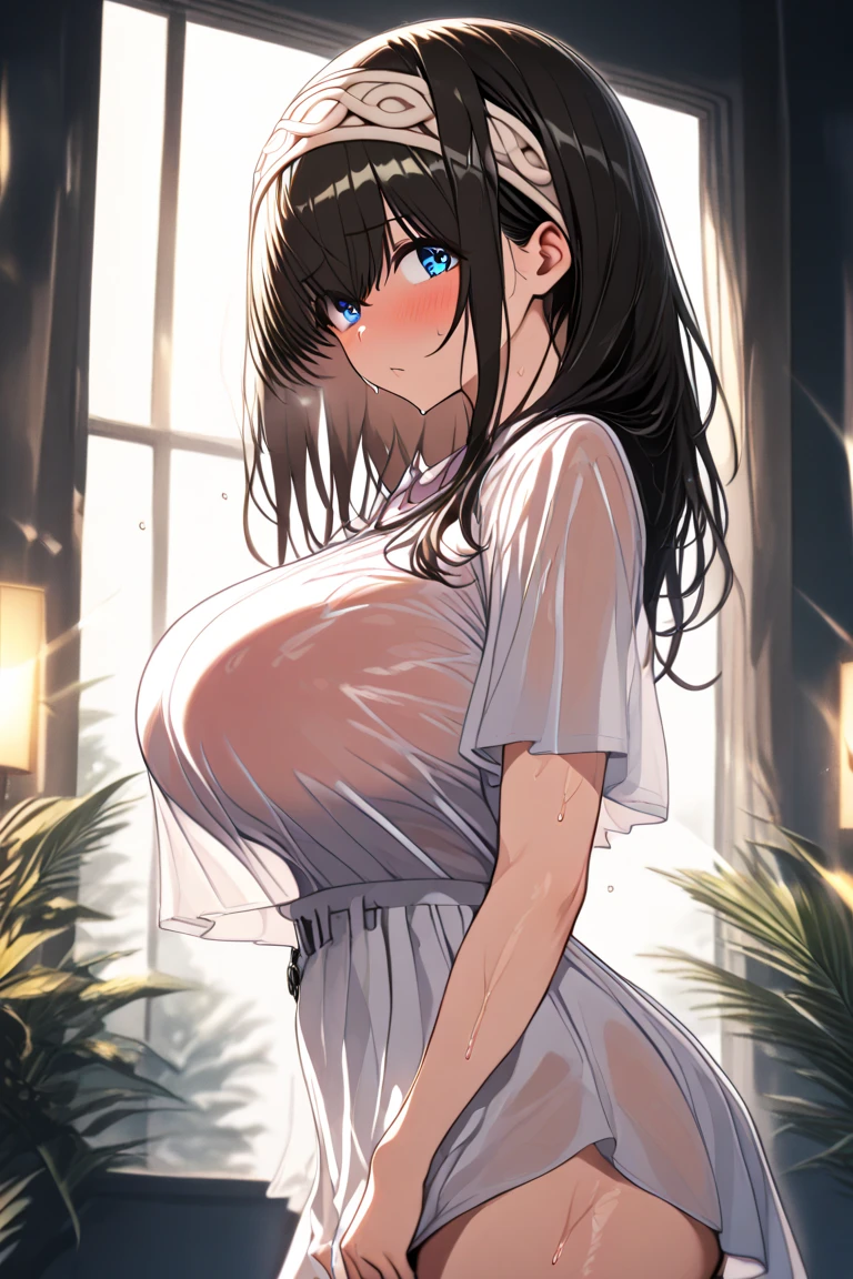 masterpiece, best quality, finely detailed, high resolution, extremely delicate and beautiful, dim light, best shadow, cowboy shot, 1girl, sleepy eyes, (huge breasts:1.4), (cleavage), bright skin, (oversized T shirt:1.2), (pantless), cowboy shot, cabello lacio corto blanco