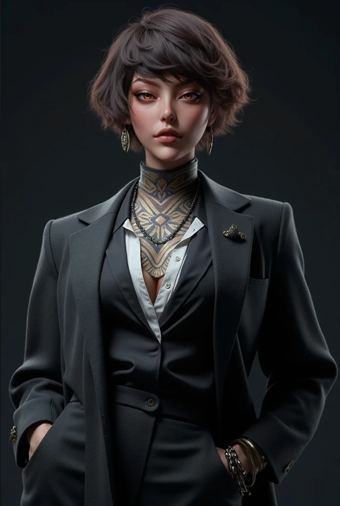 there is a woman with a tattoo on her chest and a suit, girl in suit, girl in a suit, hyper-realistic cyberpunk style, 3 d render character art 8 k, highly detailed character, 8k portrait render, realistic character concept, cyberpunk character, attractive androgynous humanoid, female lead character, intricate suit, cyberpunk 2 0 y. o model girl