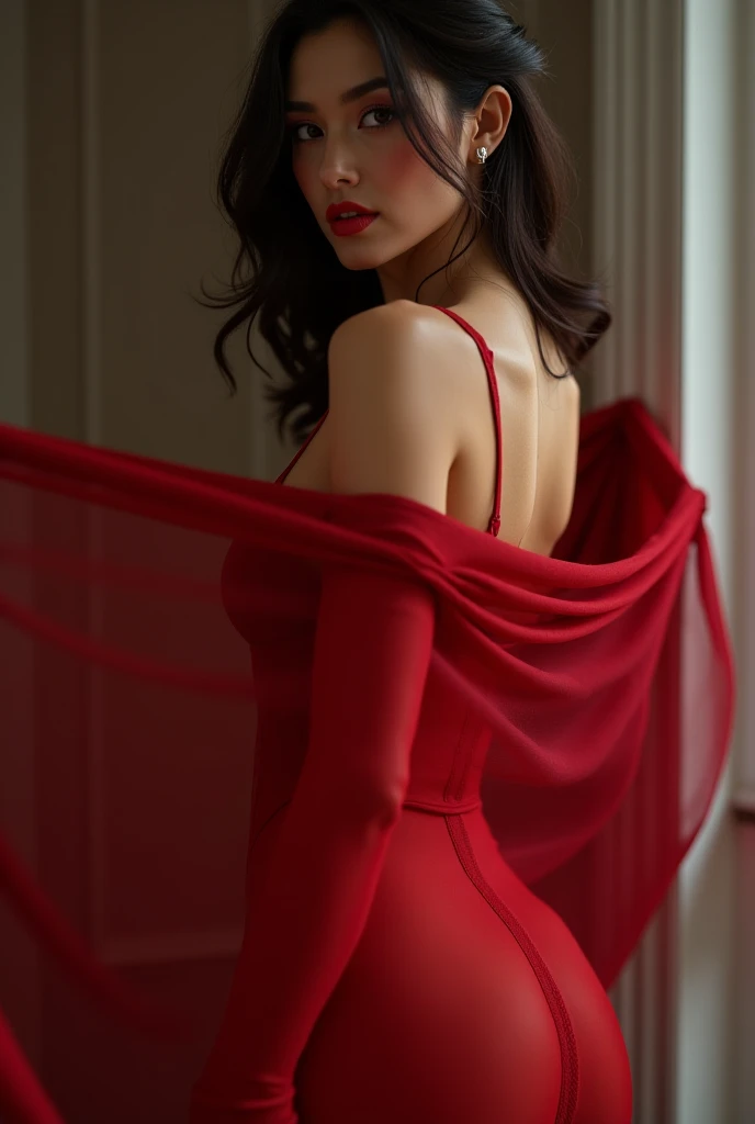 Upper-class woman in formal dress、Longer dress、Shining Red、Gorgeous Dresses、On the windowsill in the hallway、young sensual woman, Gorgeous young Japan woman, Beautiful young Japan woman, A smile, Innocence, Young Asian Woman, Young Asian Girl, Beautiful young asian woman, (Photorealsitic), Look at the viewer, Face Viewer, (intricate-detail:1.2),(masterpiece, :1.3) ,(top-quality:1.4), (超A high resolution:1.2), 超A high resolution, (A detailed eye), (detailed facial features), nffsw, 8K resolution, (Lens Flare: 0.7), turned around,