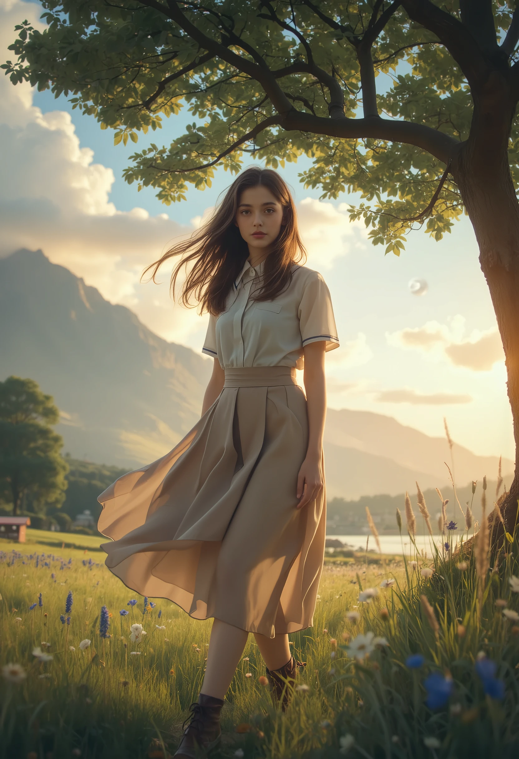 Sally Acorn, 1 girl, Alone, tree, null, outdoors, skirt, cloud, brown with swe, hair, moonset, lens, Flare, wind景, schools, uniform, moon, wind, length, sleeve,