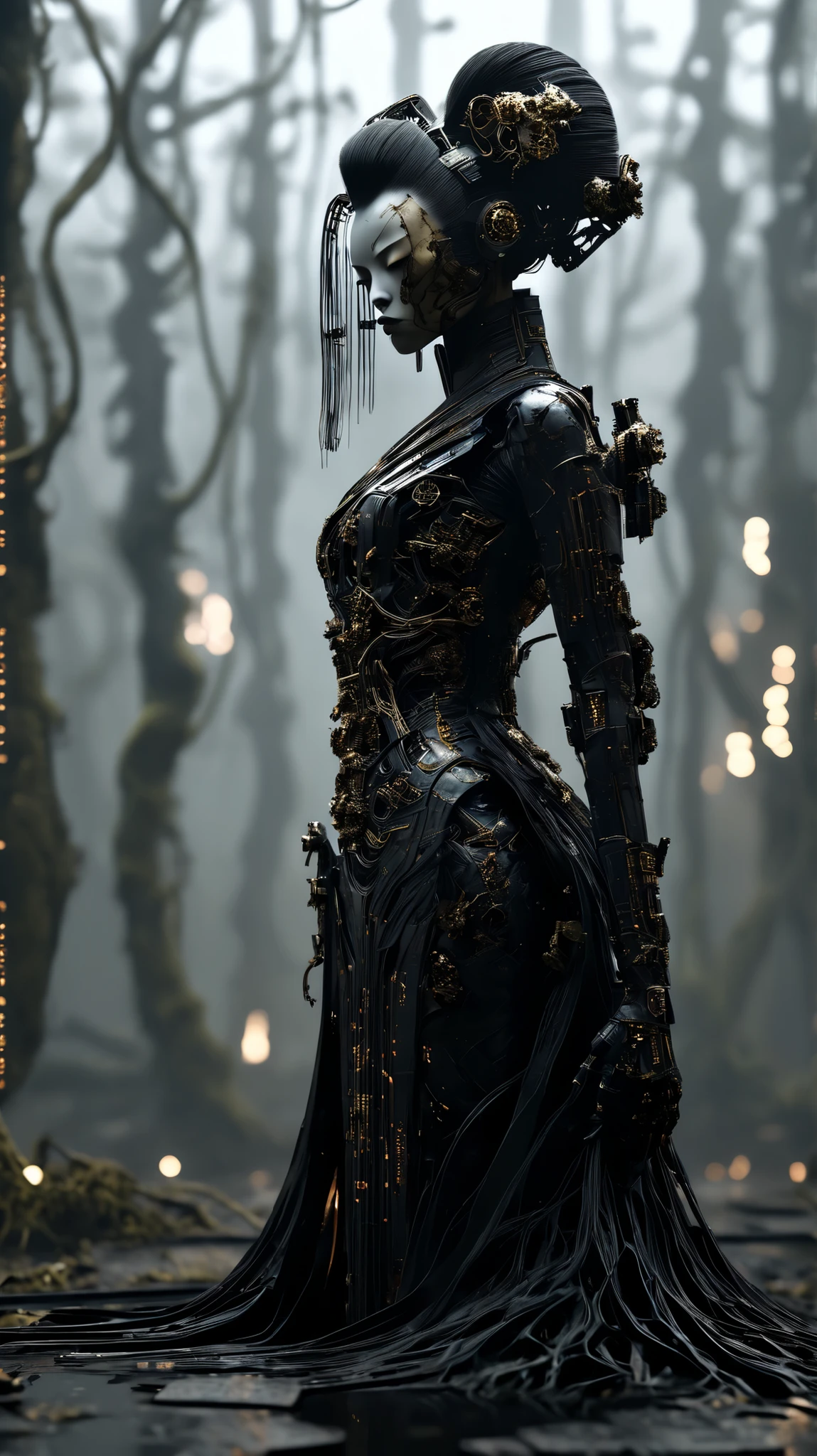 (Full-body, wide-angle, vertical frame, 9:16, centered, feet visible, standing on solid ground, no cropping) — A stunning cyborg geisha, full-length, standing in a dark, mist-covered sci-fi swamp scattered with withered flowers and metallic vines. Her body is biomechanical with perfect anatomy, featuring a sleek carbon fiber mask with gold filigree details, glowing tattoos along her limbs, and intricate cybernetic enhancements visible across her arms and legs.
She stands tall and poised, her entire figure visible from head to toe, slightly elevated above the ground fog, feet planted on mossy metallic ground. High-end cinematic lighting and professional high-resolution photography aesthetic, in the style of Christophe M., with raw textures and fine detail.
The scene is minimal but immersive: a haunting blend of decayed organic beauty and precision cybernetic elegance—a full-body portrait of a lone cybernetic geisha caught between worlds.
Atmospheric, raw style